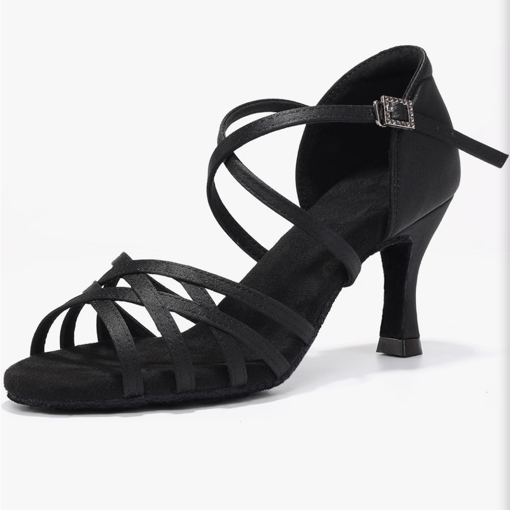 Black Strappy Latin Dance Heels for Women 7.5